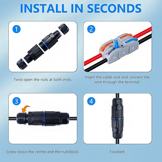 3PCS IP68 Waterproof Electrical Cable Connector, Outdoor 2 Way Junction Box, Waterproof Wire Connectors with Replaceable Lever Wire Connectors for AWG 28-12, Quick Screwless Installation