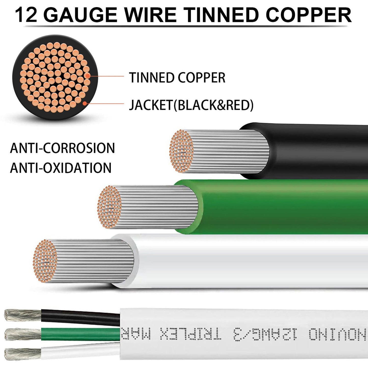 12 Gauge Marine Wire 12/3 Triplex Marine Grade Wire,12/3 AWG 50FT Cable
