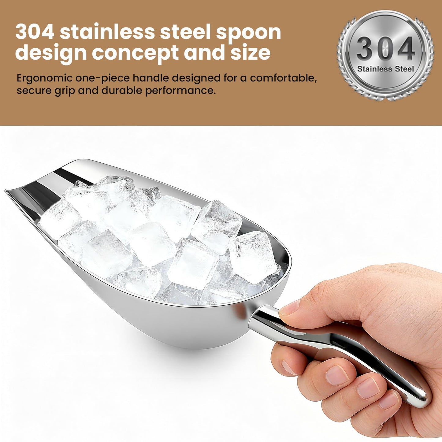 12 Oz 304 Stainless Steel Ice Scoop for Freezer & Ice Machine 2 Pack– Heavy Duty Metal Scooper, Dishwasher Safe, Multi-Purpose for Kitchen, Bar, Party, Wedding (Ice,Dry Goods) (Polished silver)