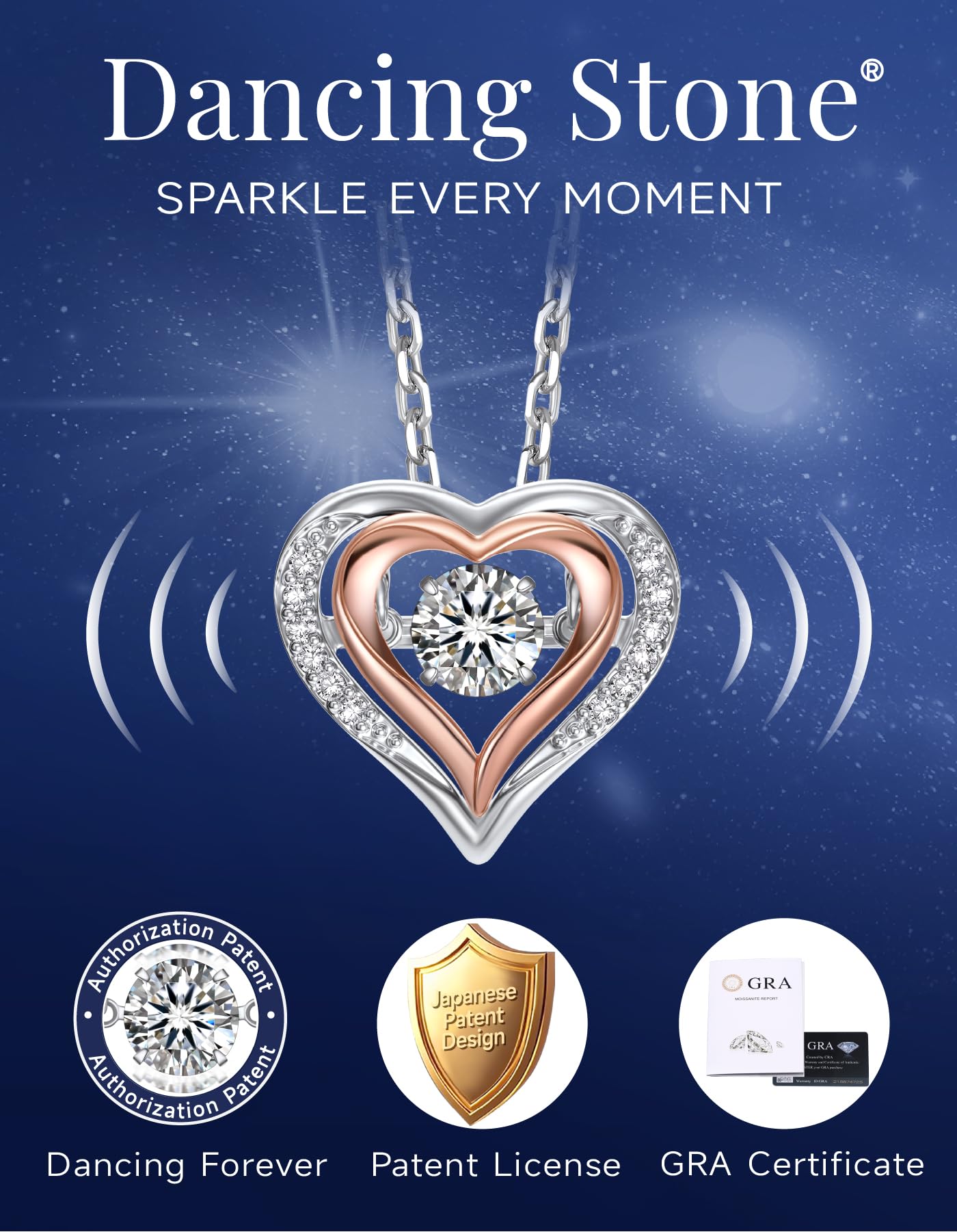 MomentWish Dancing Diamond Heart Necklace for Women 0.5 Carat D Color VVS1 Moissanite Lab Created Diamond Necklace Sterling Silver Jewelry Happy Anniversary