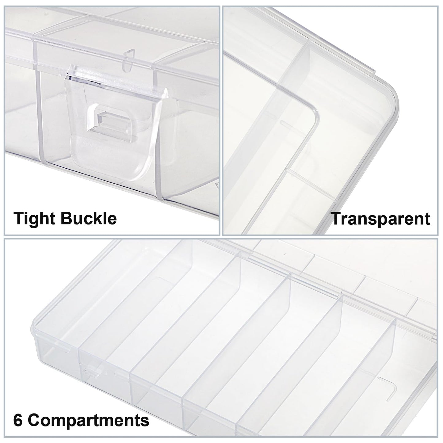 JUXYES 2Pack Plastic Small Fishing Tackle Box Organizer with 6 Compartments, Clear Mini Fishing Tackle Storage Boxes with Dividers, Transparent Fish Pocket Tackle Storage Box Lure Box