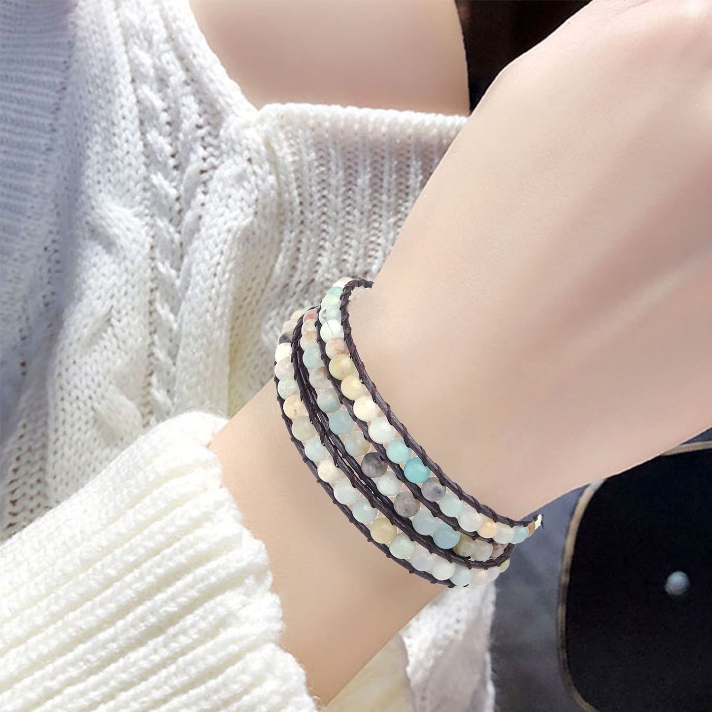 Ayriwoyi Boho Bracelets For Women Amazonite Bracelet Wrap Bracelet for Women Natural Stone Beaded Bracelet Leather Wrap Bracelets Bohemia Adjustable