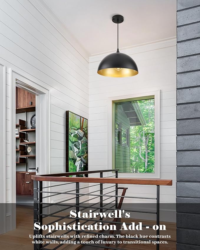 Black Pendant Lights Kitchen Island 2 Pack, 14 Inch Large Dome Pendant Light, Black and Gold Farmhouse Pendant Light, Island Pendant Lights for Kitchen, Dining Room