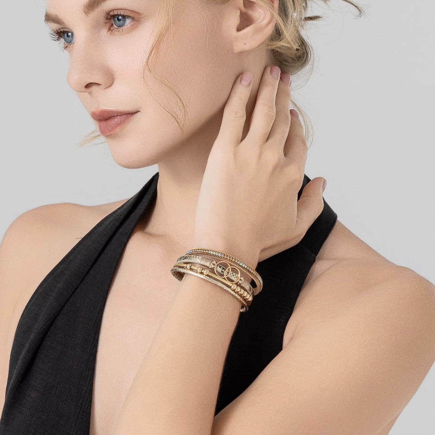 FANCY SHINY Boho Leather Wrap Bracelet Stackable Beaded Infinity Chunky Cuff Bracelets with Magnetic Clasp Western Hippie Outfits Jewelry Gifts for Women(Snakeskin Gold)