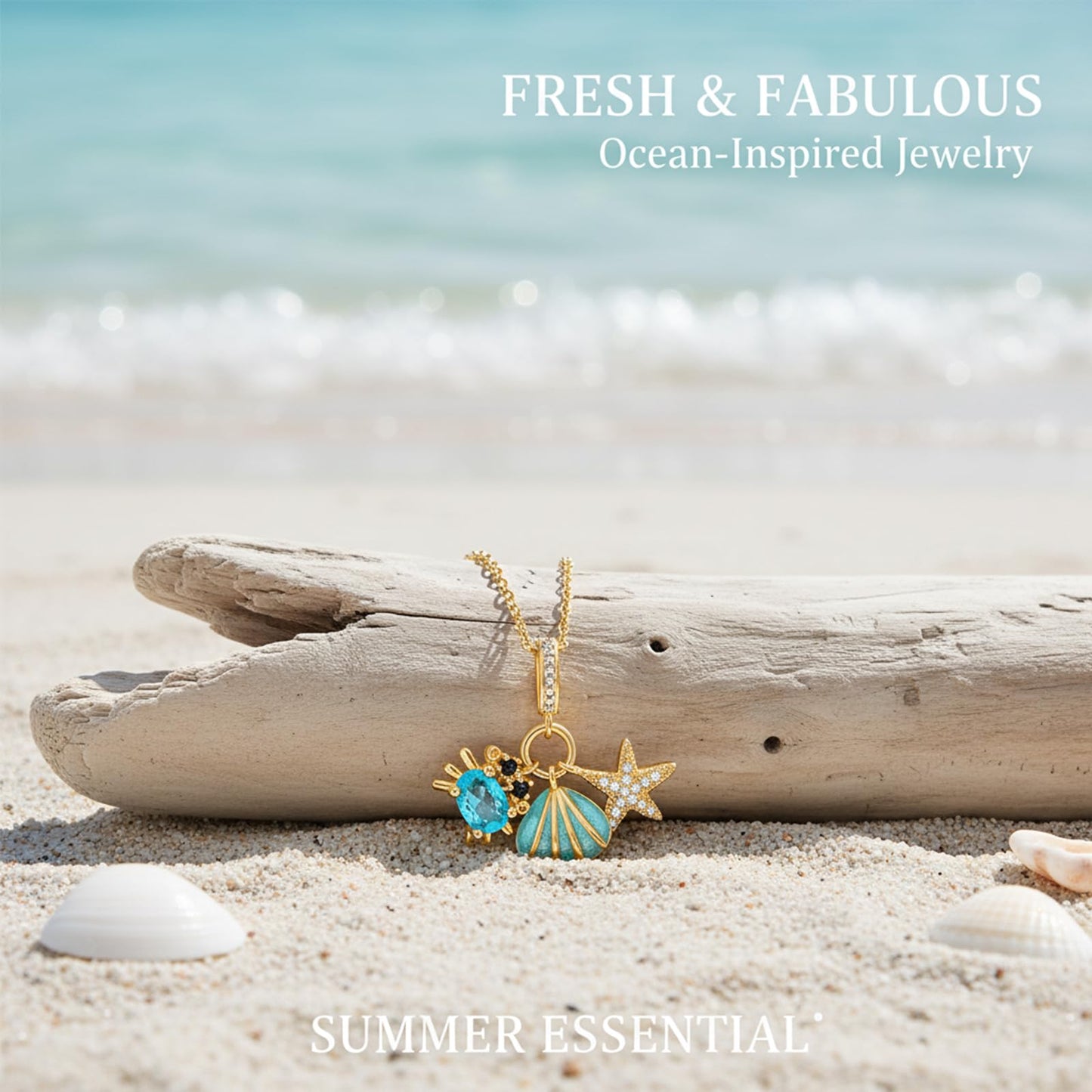 crataly Beach Holiday Aquamarine Necklace For Women-Gold Plated Mini Crab Enamel Seashell CZ Starfish Necklace For Graduation Valentines Day Mother's Day Christmas Birthday Gifts