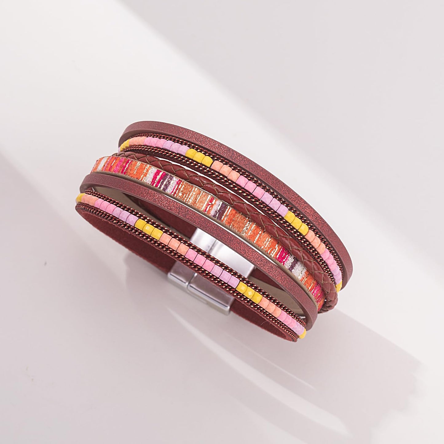 FANCY SHINY Boho Leather Wrap Bracelets Trendy Layered Bracelets with Magnetic Clasp Strackable Bohemian Cuff Jewelry Gifts for Women(Burgundy)