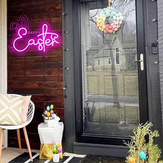 Happy Easter Neon Sign Bunny Neon Light Sign Dimmable LED Signs for Wall Light Up Sign Decoration Easter Rabbit Bunny Neon Wall Sign Decor Gift