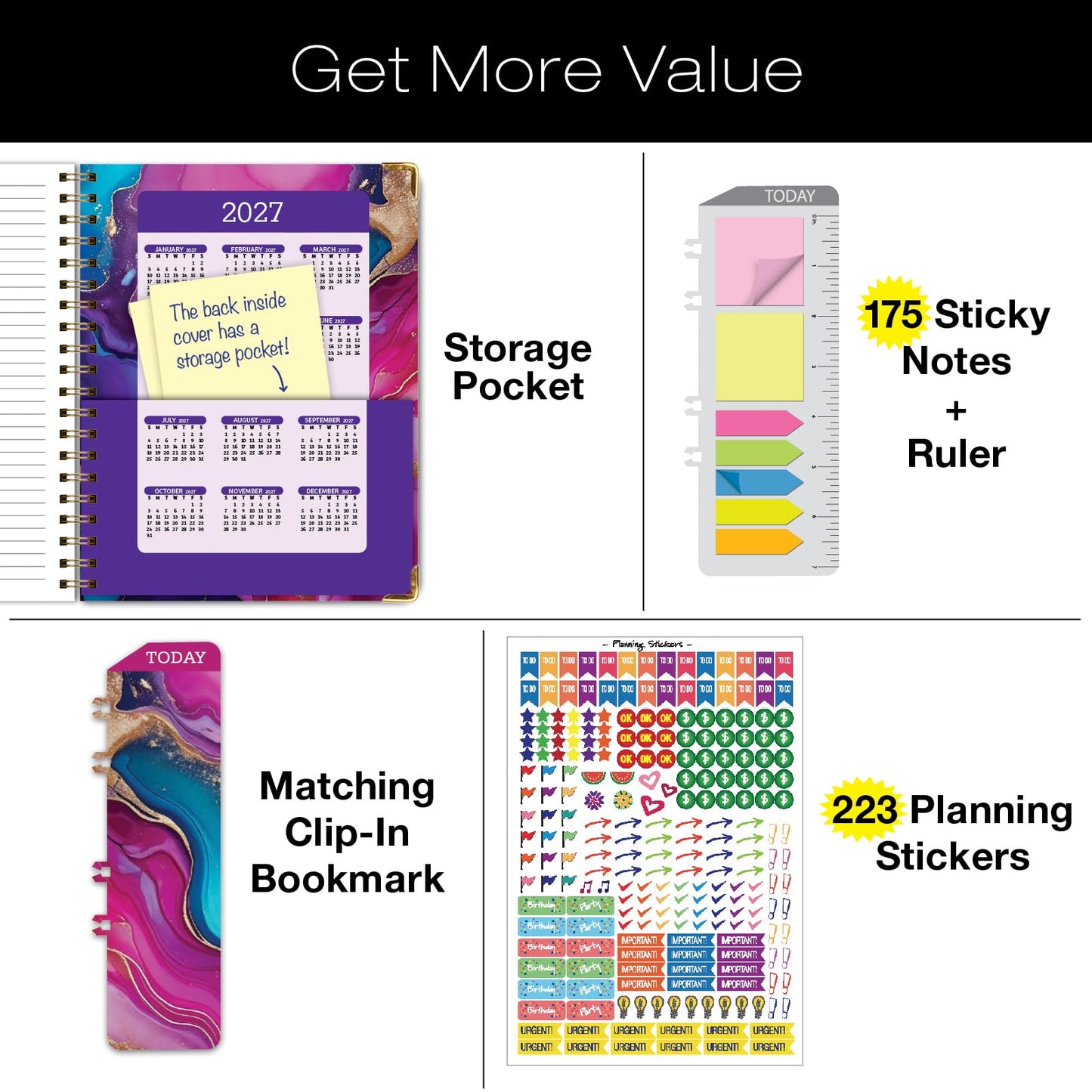 HARDCOVER Academic Year 2026-2027 Planner: 14 Months (May 2026 Through June 2027) 8.5"x 11" Daily Weekly Monthly Planner Yearly Agenda. Bookmark, Pocket Folder and Sticky Note Set (Pink Purple Marble)