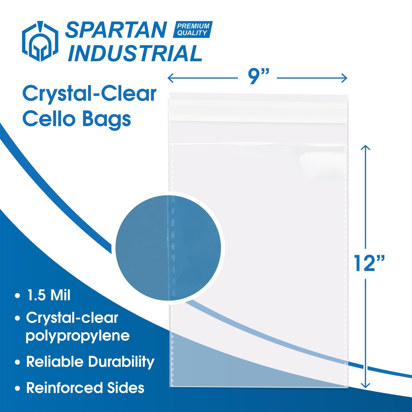 9" X 12" Self-Sealing Cellophane Bags (200 Count) Clear Poly Packaging for Shirts, Clothing, Apparel - Reinforced Resealable Cello Bags for Small Business Shipping - Spartan Industrial