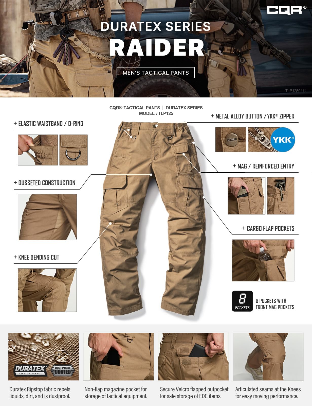 CQR Men's Tactical Pants, Water Resistant Ripstop Cargo Pants, Lightweight EDC Work Hiking Pants, Outdoor Apparel, Raider Mag Cougar, 40W x 34L