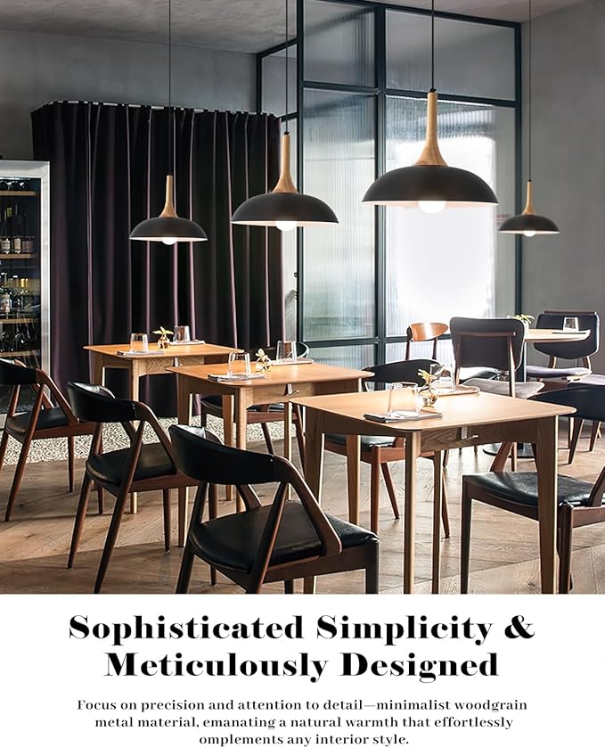 Black and Wood Pendant Lights Kitchen Island, 3 Packs Modern Black Pendant Light, 13.8 inch Wood Pendant Light for Kitchen, Dining Room, Living Room