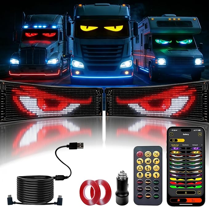 LED Devil Eye Lights for Windshield 35.3"x7.5"[2PCs], Dual Screen Sync with APP & Remote Control, Windshield Eyes Animated, USB-Powered, Programmable Evil Eyes for Big Car Truck RV Window