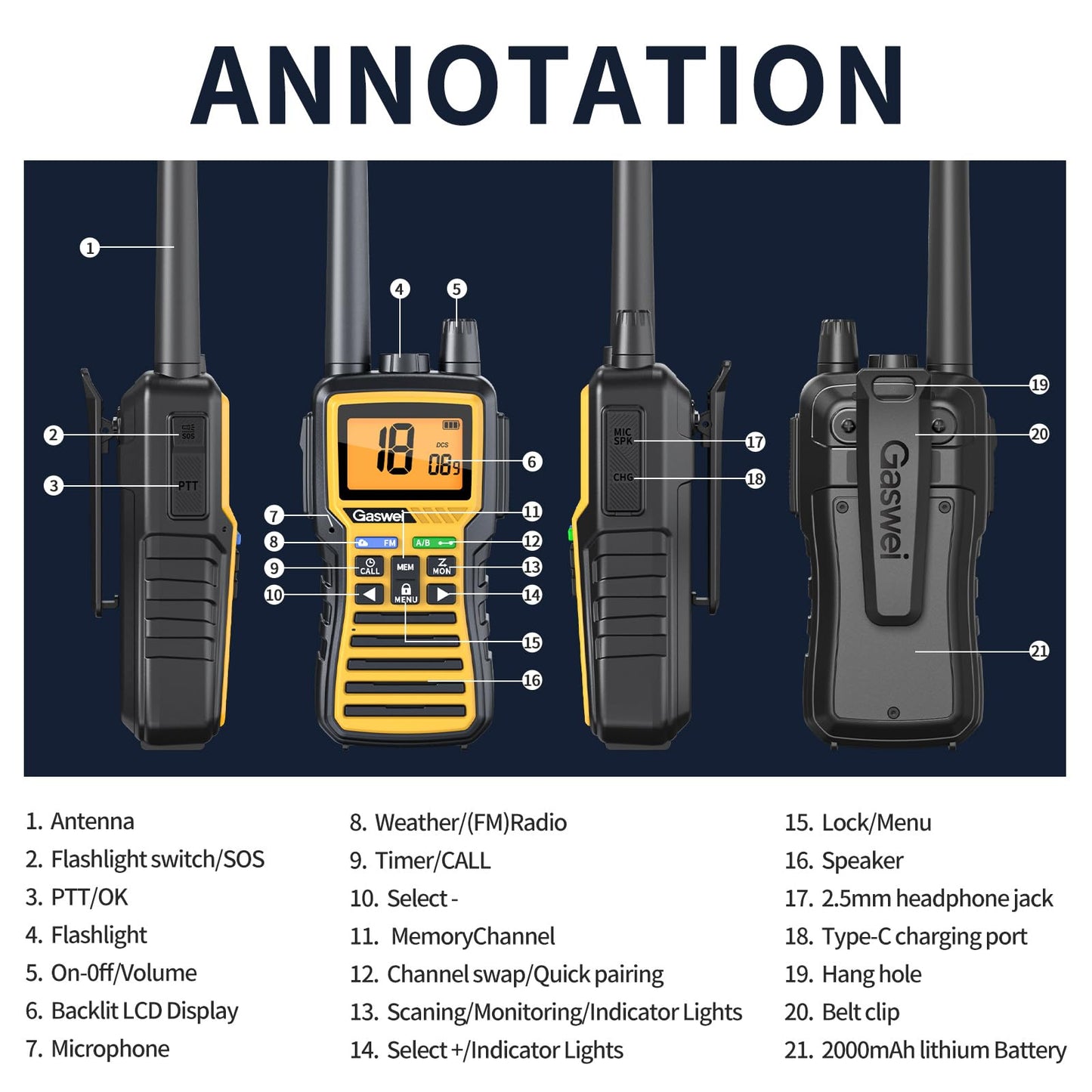 Gaswei GU1 Long Range Walkie Talkies, 2 Way Radio Walkie Talkie with Flashlingts, 60 Channels & 121 Privacy Codes, NOAA Weather Alert, VOX, FM Radio, SOS for Job Site, Hiking, Camping (Yellow)