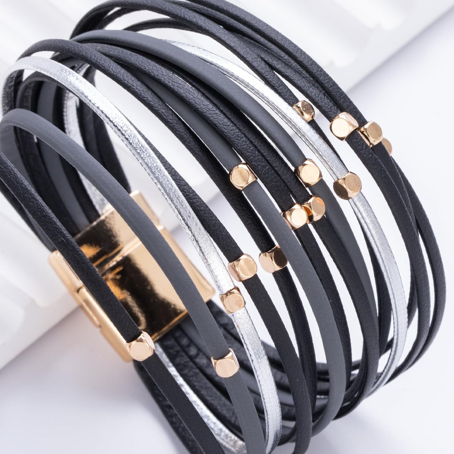 FANCY SHINY Beaded Leather Wrap Bracelets Cute Boho Stackable Bangle Cuff with Magnetic Clasp Layered Trendy Jewelry for Women(Black)