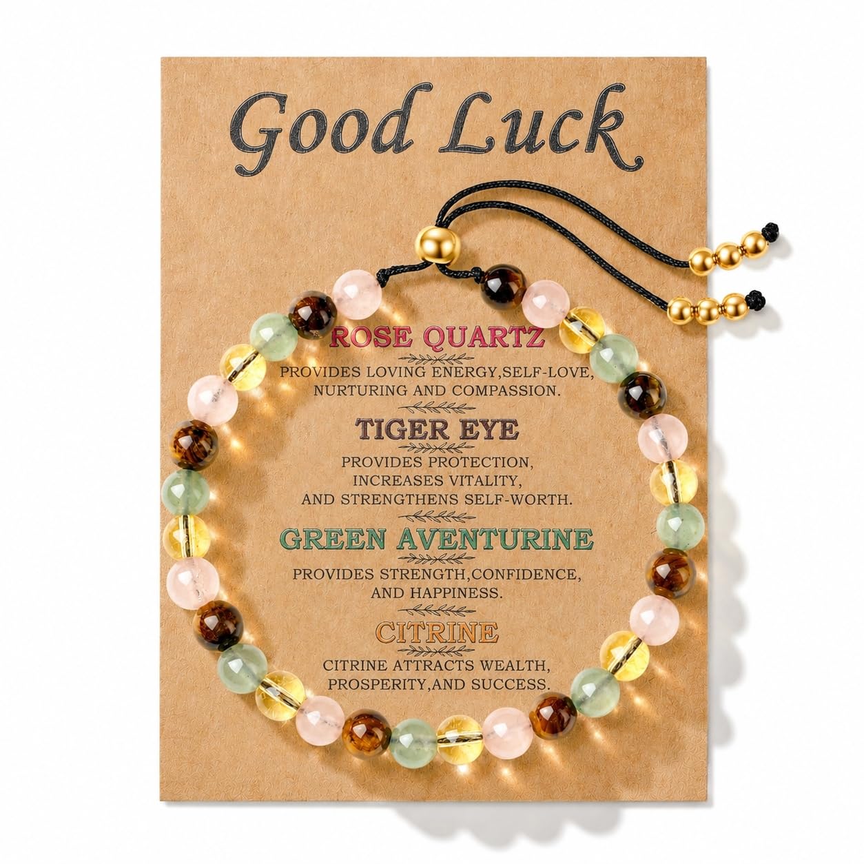 NUKAYAI Good Luck Bracelet for Women Gifts Crystals Karma Luc Vibes Only Rose Quartz Citrine Tiger Eye Green Aventurine Jewelry Natural Stones Teens