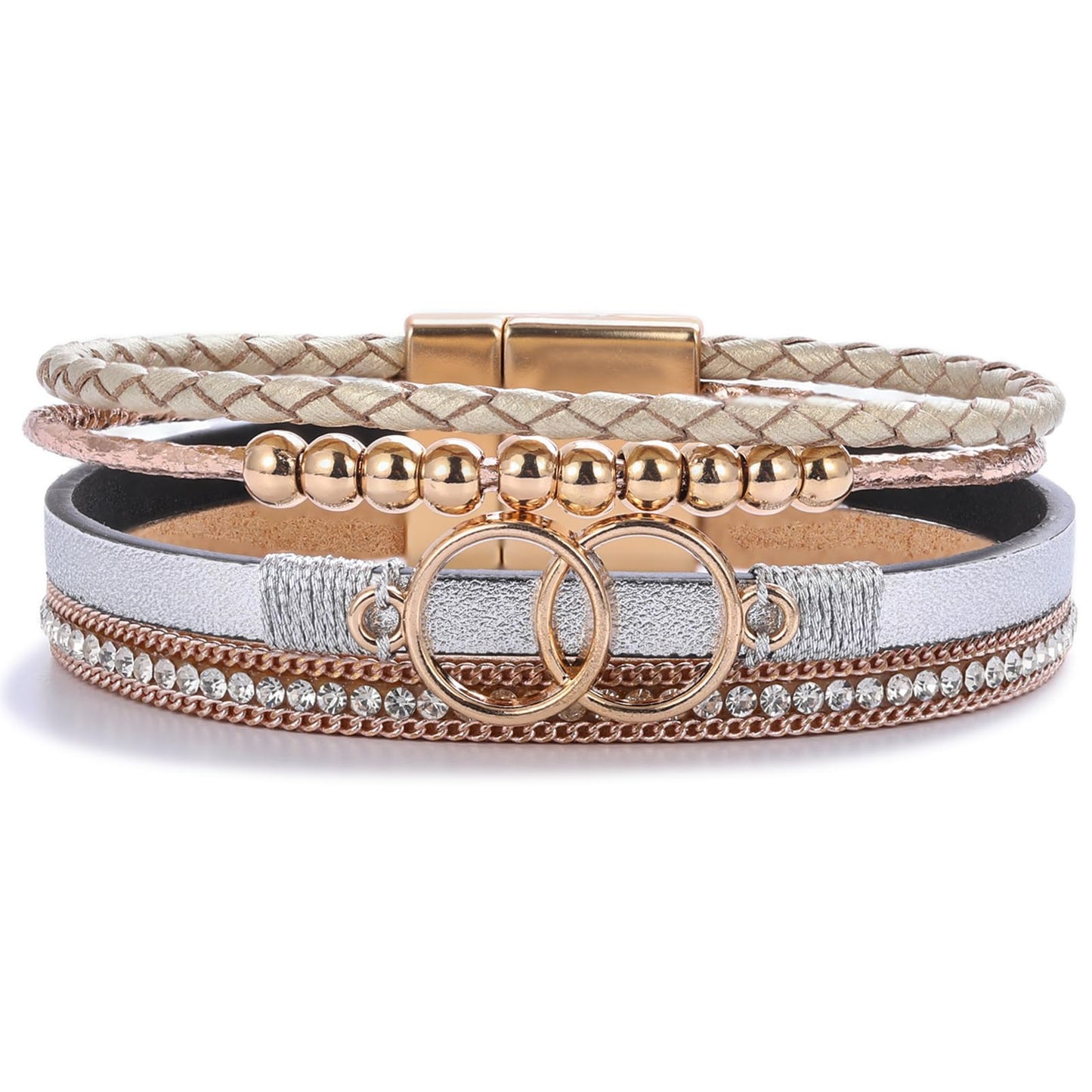 FANCY SHINY Boho Leather Wrap Bracelet Stackable Beaded Infinity Chunky Cuff Bracelets with Magnetic Clasp Western Hippie Outfits Jewelry Gifts for Women(Silver/Gold)