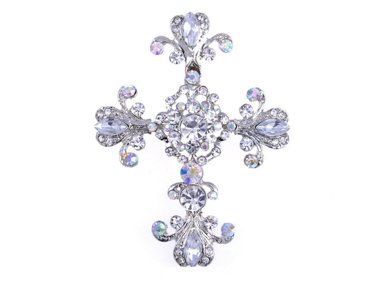 Alilang Silver Tone Cross Antique Gorgeous Rhinestones Costume Pin Brooch