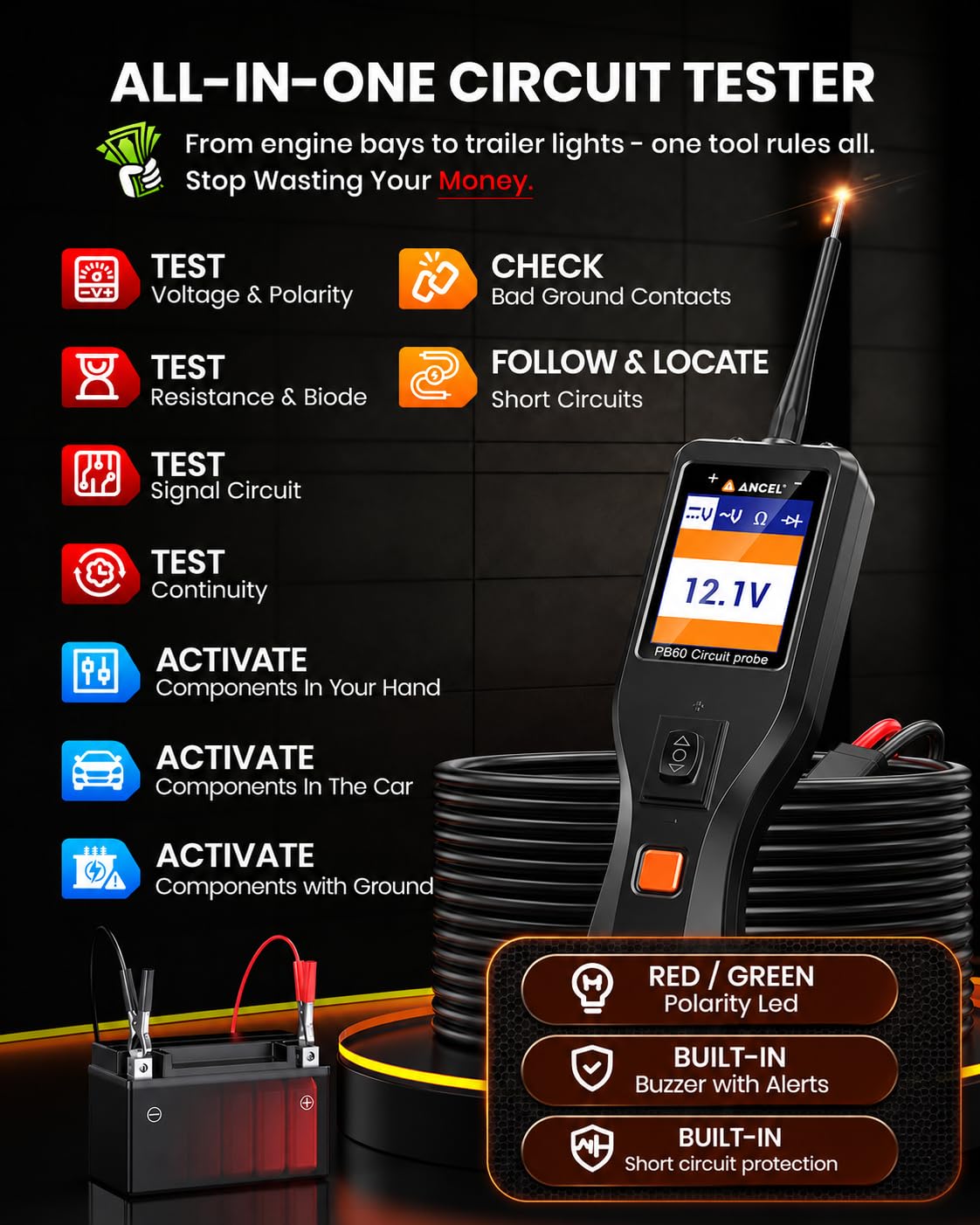 ANCEL PB60 Automotive Power Circuit Probe Tester 12-24V, All-in-One Electrical Diagnostic Tool with Component Activation, Short Finder, Digital Multimeter Ohmmeter Functions for Cars Trucks RVs ﻿