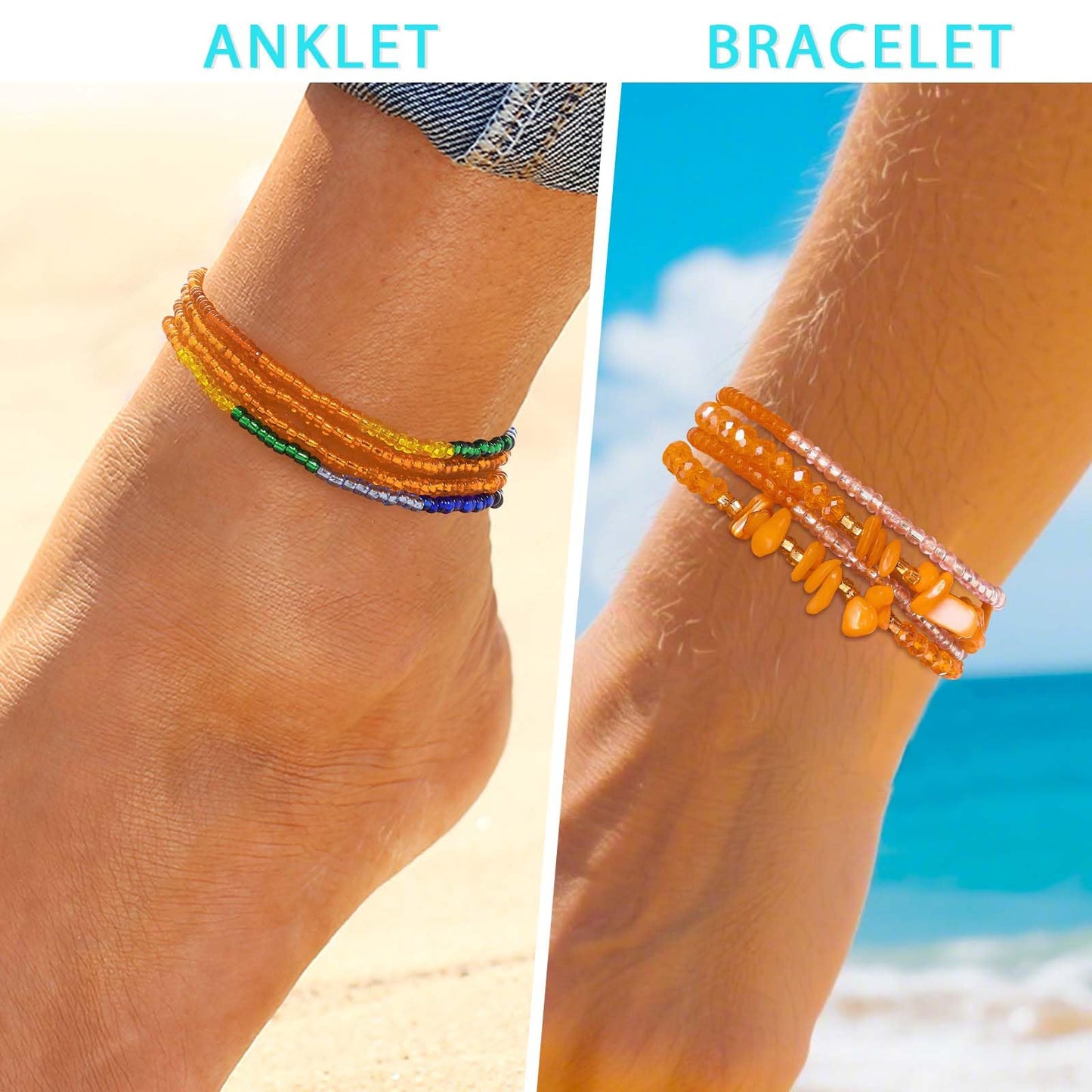 ELABEST Adjustable Handmade Waist Beads Stretchy 23-52 inch 8Pcs Chakra Body Belly Beaded Women Waist, Anklet, Bracelet, Necklace Jewelry with Screw clasp (Orange, 31.5inch/80cm)