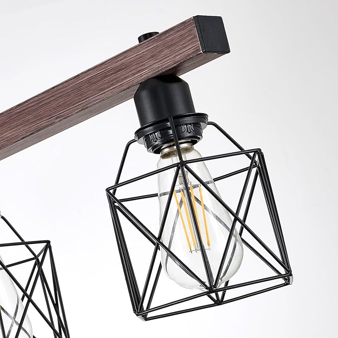 3-Light Vintage Industrial Pendant Light Over Table, Adjustable Hanging Light with Walnut Finish & Matte Black Metal Frame, E26 Base Modern Rustic Chandelier for Kitchen Island