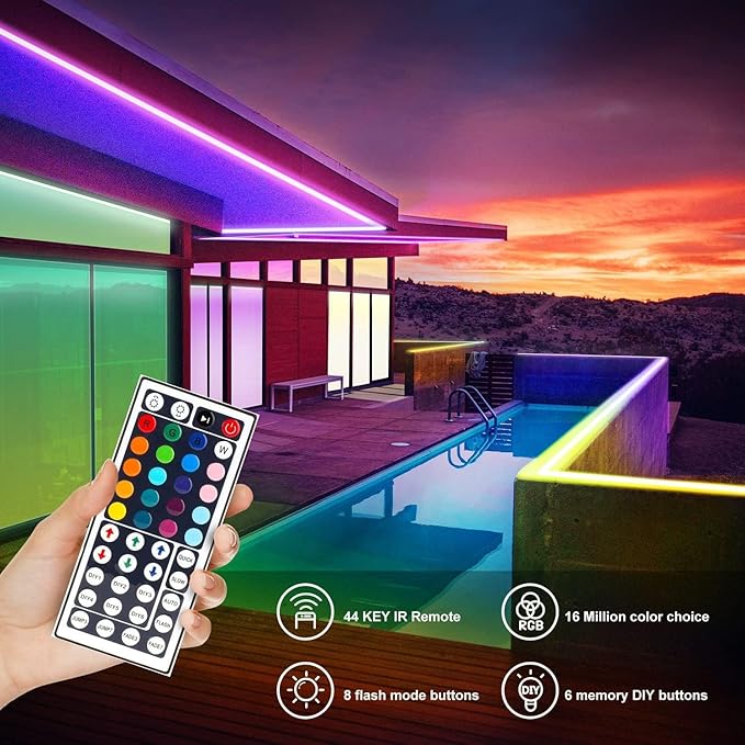 DAYBETTER Waterproof LED Light Strips 66ft, Outdoor LED Strip Lights Color Changing 5050 RGB LED Strip Lights with Remote Control, LED Lights for Indoor Outdoor Use, IP65 (2 Rolls of 33ft)