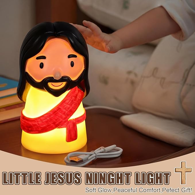 Cute Jesus Night Light, Jesus Gift, Dimmable PVC Christian Lamp, USB Rechargeable Touch Bedside Light, Baptism Favor, Easter & Religious Gifts (3 x 5 Inch)(Red)