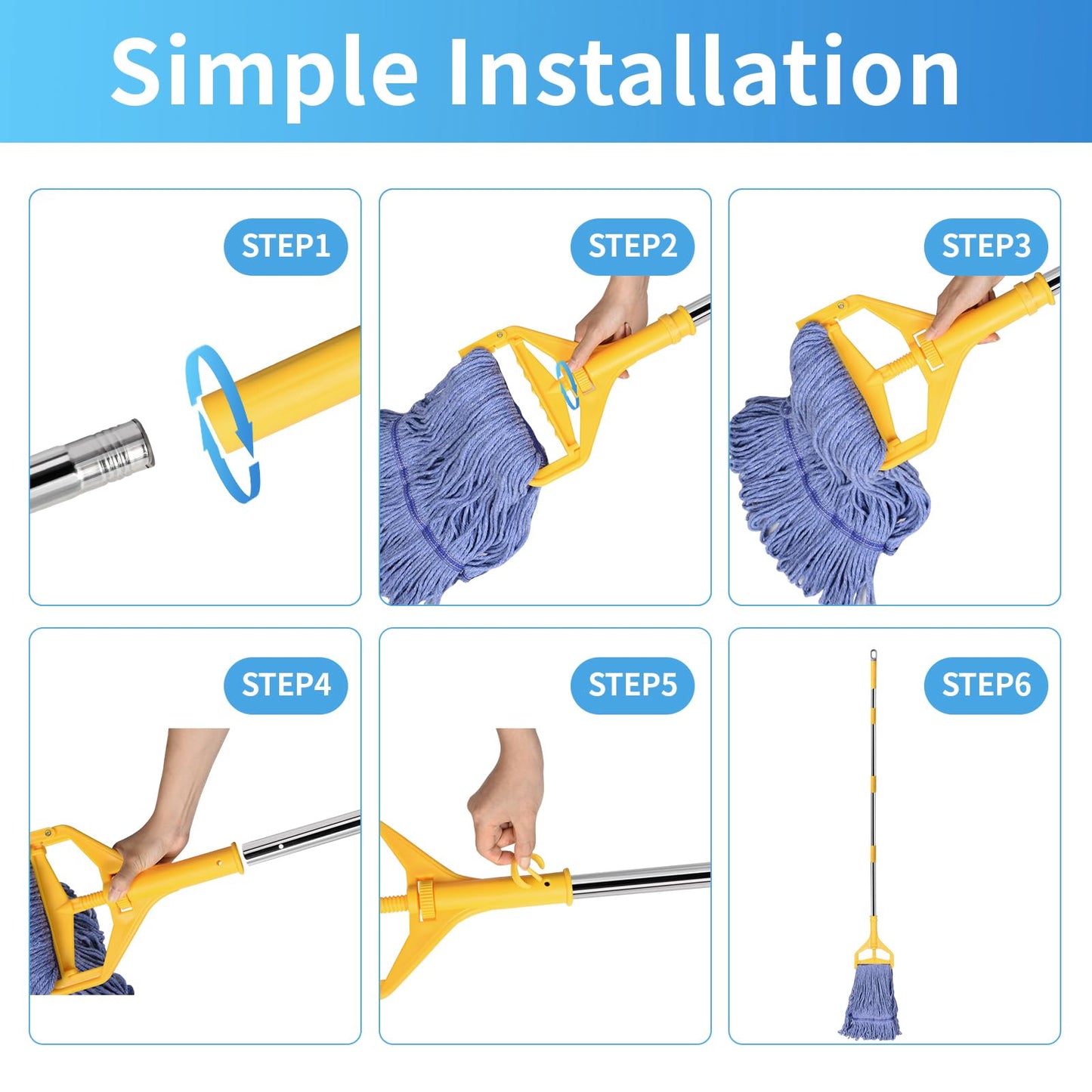 HiBaby Commercial Mop with Extra Head Replacement, 63Inch Handle Heavy Duty Industrial Mop Looped-End String Wet Mops for Floor Cleaning for Warehouse, Workshop, Garage, Office, Home (2 Mops Head)