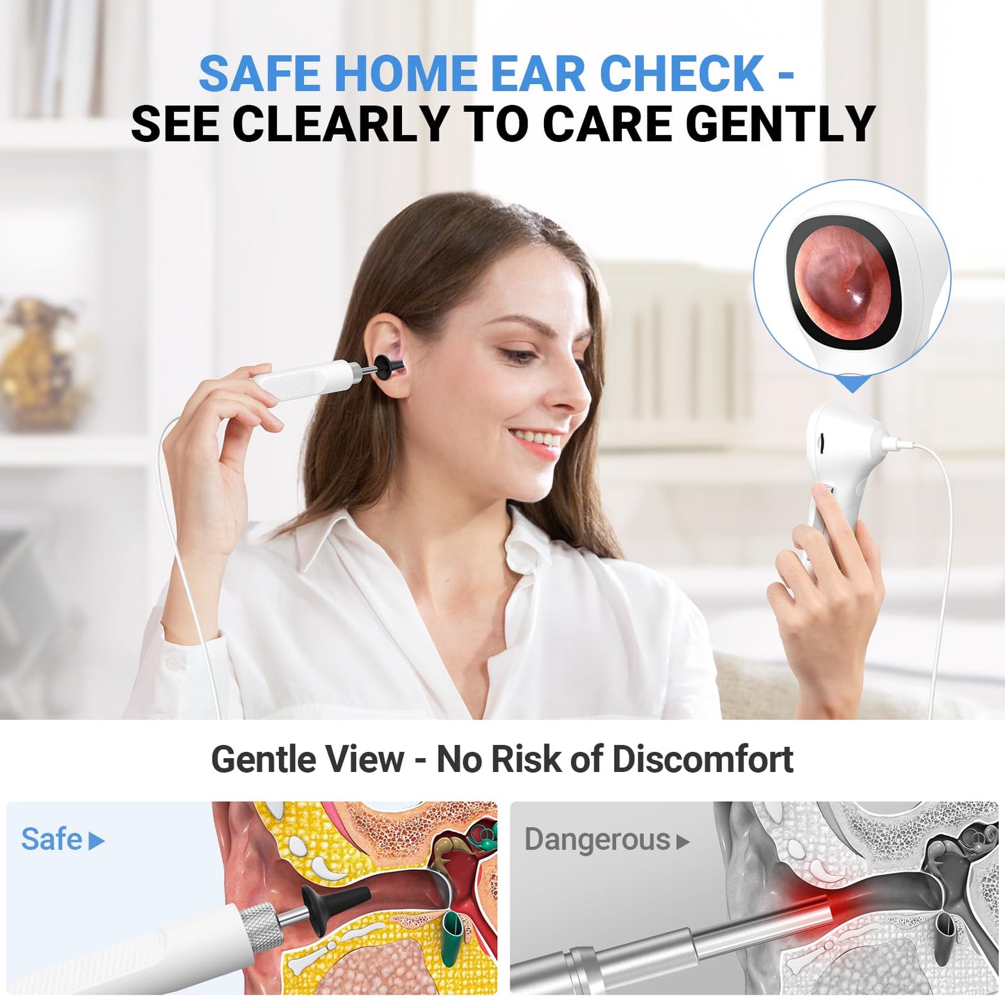 ScopeAround Digital Otoscope w/Built-in Screen, Manual-Focus Digital Otoscope with Light for Home Use, No App Needed, Easy Viewing for Everyday Ear Checks, Otoscope Camera, White