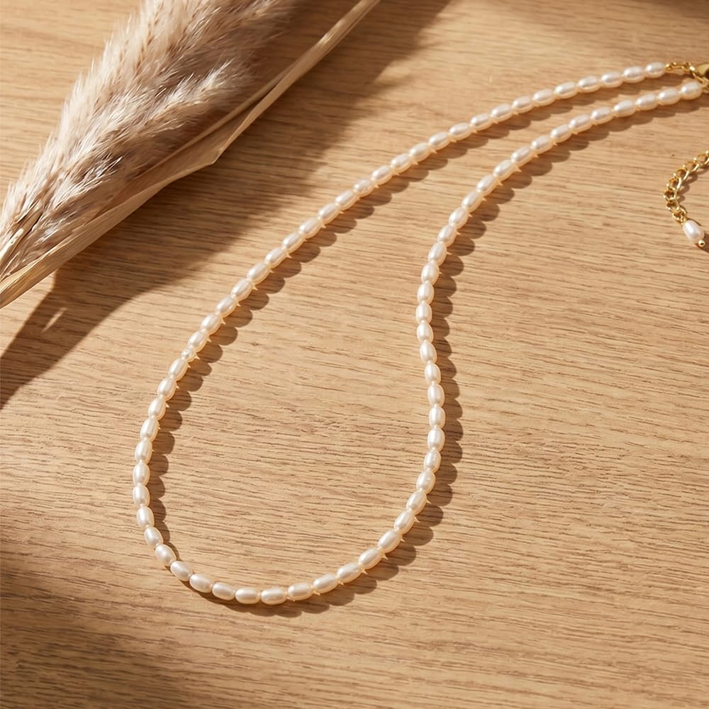 JaruJaru 3mm Handmade Rice Pearl Strand, Small Oval Freshwater Pearls, Essential Minimal Pearl Necklace for Women, 40cm with 5cm Extender, Ideal for Layering