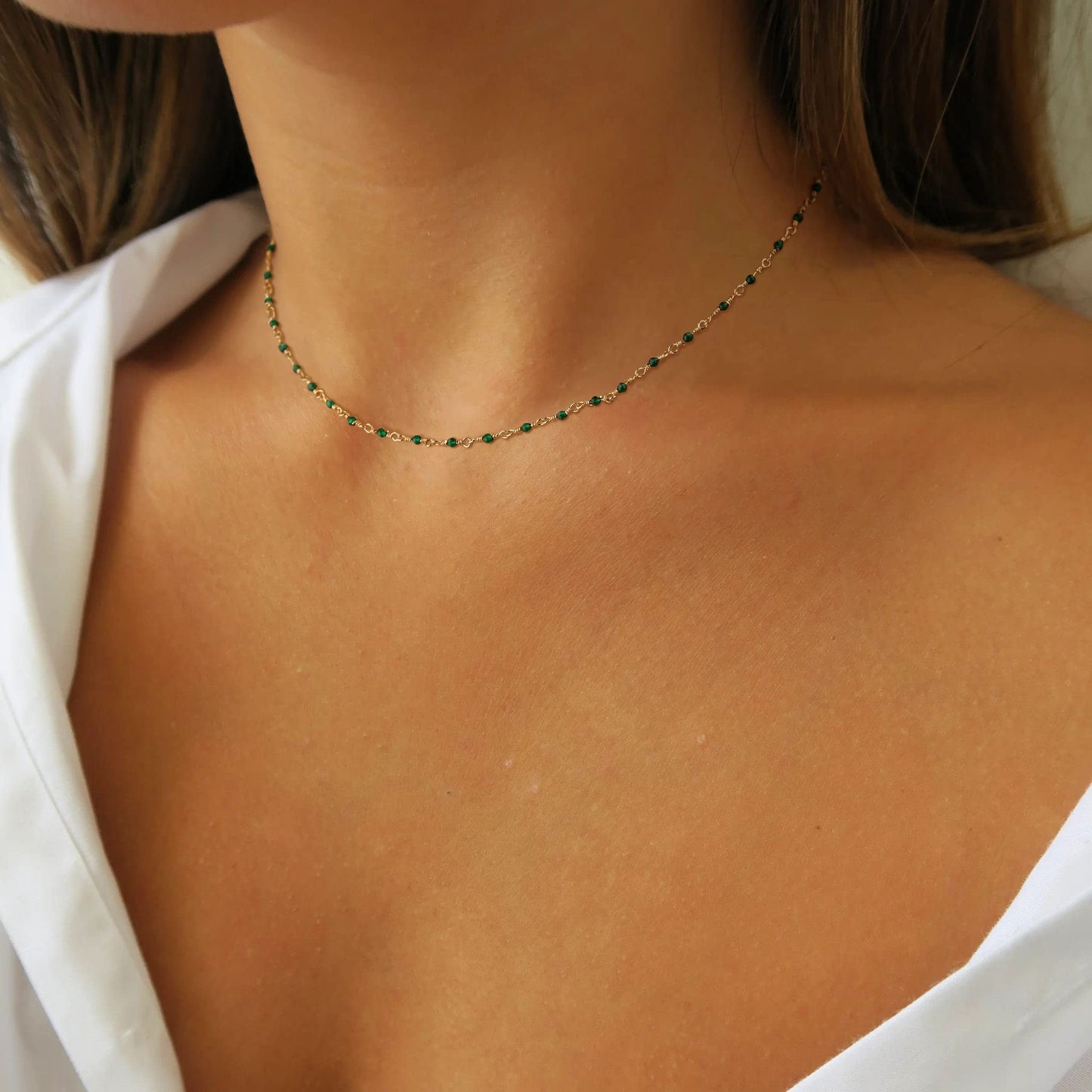 MTMY Beaded Necklace for Women 14K Gold Plated Dainty Colorful Beaded Pearl Choker Necklace Delicate Boho Choker Necklace Jewelry Gift (Crystal-green)