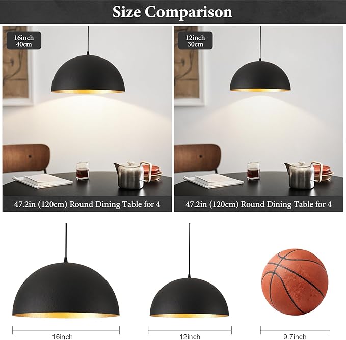 16" Industrial Large Pendant Light Fixtures,Black and Gold Pendant Lights Kitchen Island,Farmhouse Pendant Light Fixtures for Kitchen Foyer Cafe Dining Room,2 Pack