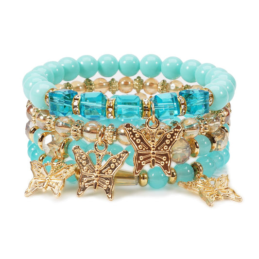 Briutn Bohemian Stackable Beaded Bracelets for Women 4 Layer Blue Gold Butterfly Charm Stretch Bracelet Boho Jewelry Gift