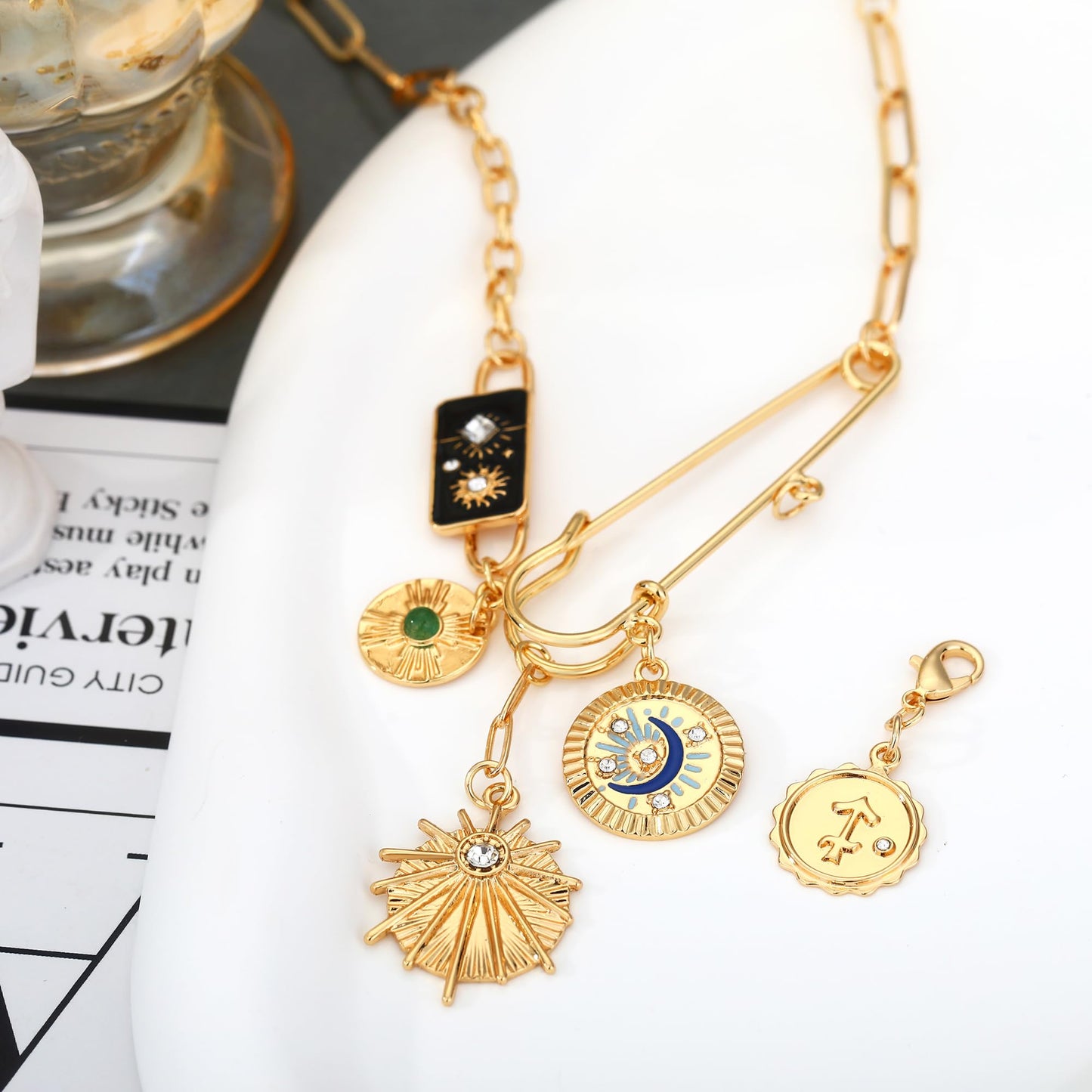 BONJOULRY Charm Necklace for Women Gold Safety Pin Necklace Sun Moon Star Coin Celestial Tarot Card Magic Charms Dainty Paperclip Chain DIY Pendant Choker Necklace Amulet Jewelry Gifts Enamel