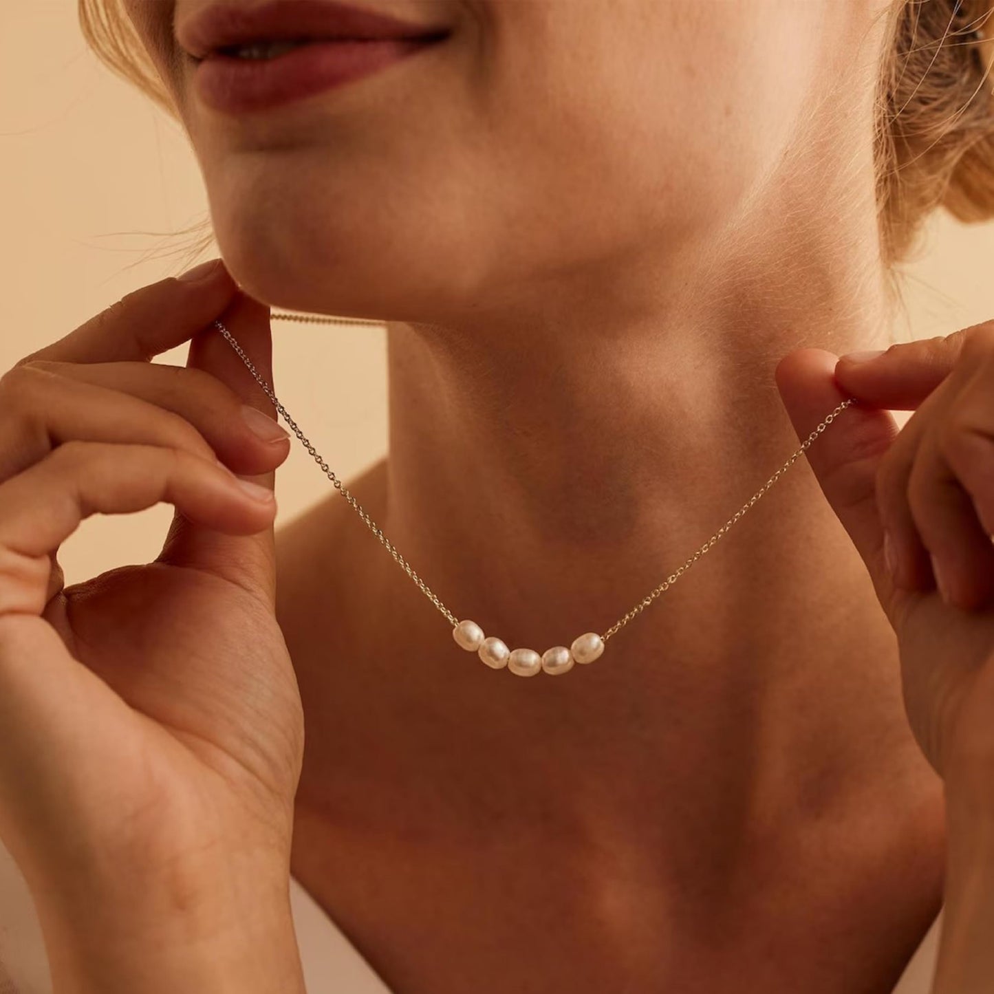 Caenyo Five Pearl Choker Necklace, 14K Real Gold Plated, Hypoallergenic & Tarnish Resistant, Simple & Chic Jewelry for Women, Adjustable 16+2 Inch