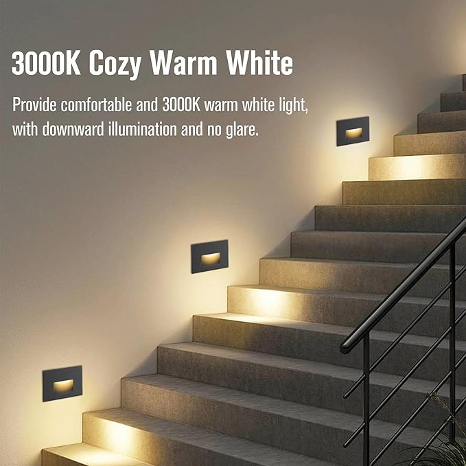 Step Lights Outdoor Indoor LED Stair Lights, 3000K Warm White 12V Low Voltage, 4W 350LM IP66 Waterproof, Horizontal Black for Stairs, 3-Pack