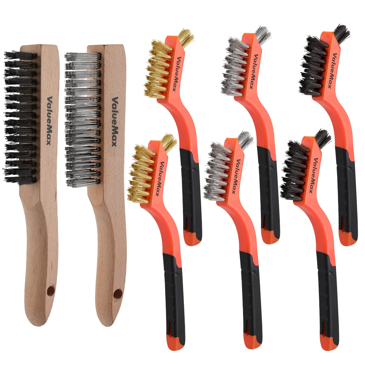 ValueMax Wire Brush Set, 8Pcs Stainless Steel/Brass/Nylon Bristles with Curved Handle Grip, Heavy Duty Stainless Steel Wire Scratch Brush with Beechwood Handle for Rust, Dirt and Paint Cleaning