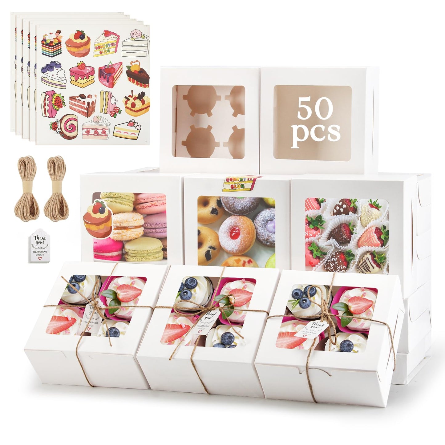 OAMCEG 50 Pack Cupcake Boxes with Window 6x6x3 Inches Cookie Boxes, Bakery Treat Boxes for Pastry, Desserts, Chocolate Strawberries, Cupcake Containers, Gift Giving with Stickers & Twine （White）