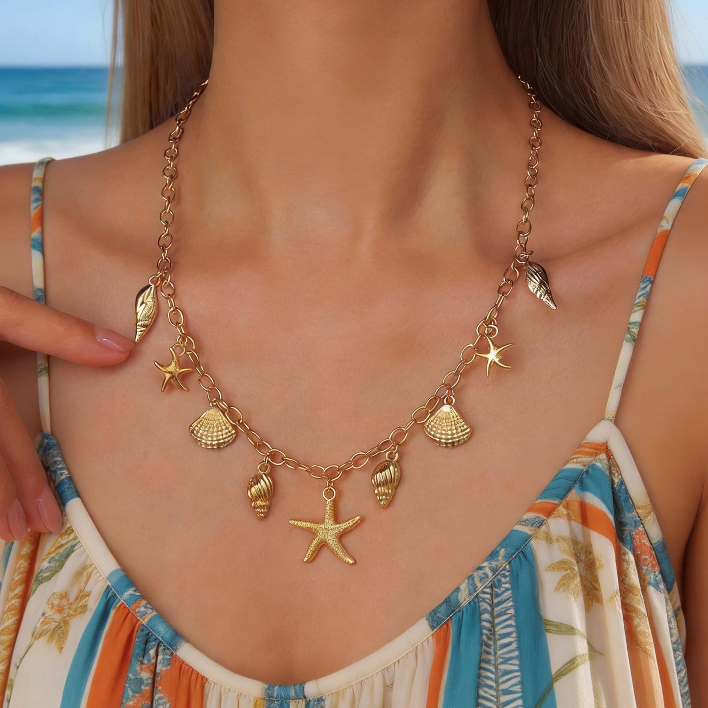Frodete Starfish Necklace for Women Beach Necklaces Jewelry Layered Choker Drop Dangle Summer Vacation Outfits Theme Conch Seashell Accessories Ocean Pendant Dress Costume
