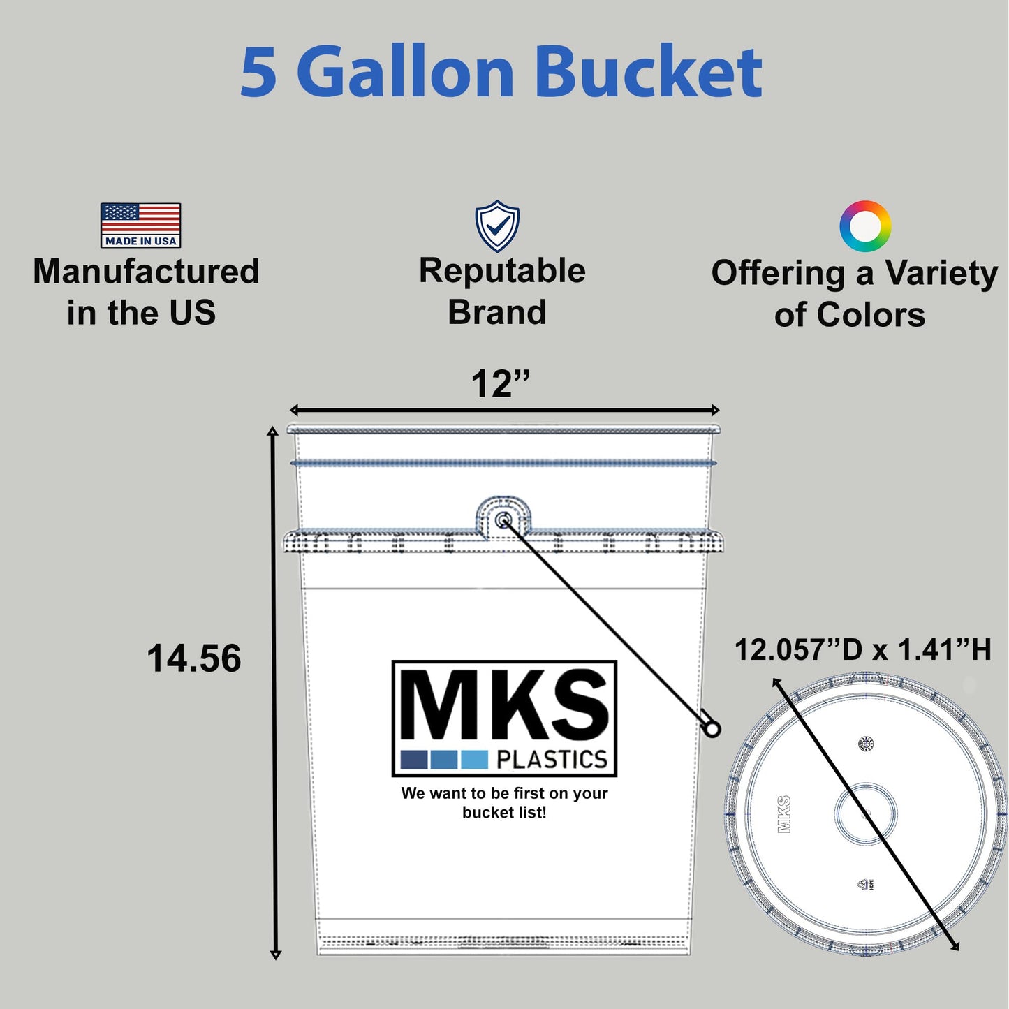 MKS Plastics 5-Gallon Bucket with Airtight Lid – Made in USA, Food Grade BPA Free Plastic, Heavy Duty Multi-Use, Metal Handle with Grip, Stackable Storage – Burgundy, 6 Pack