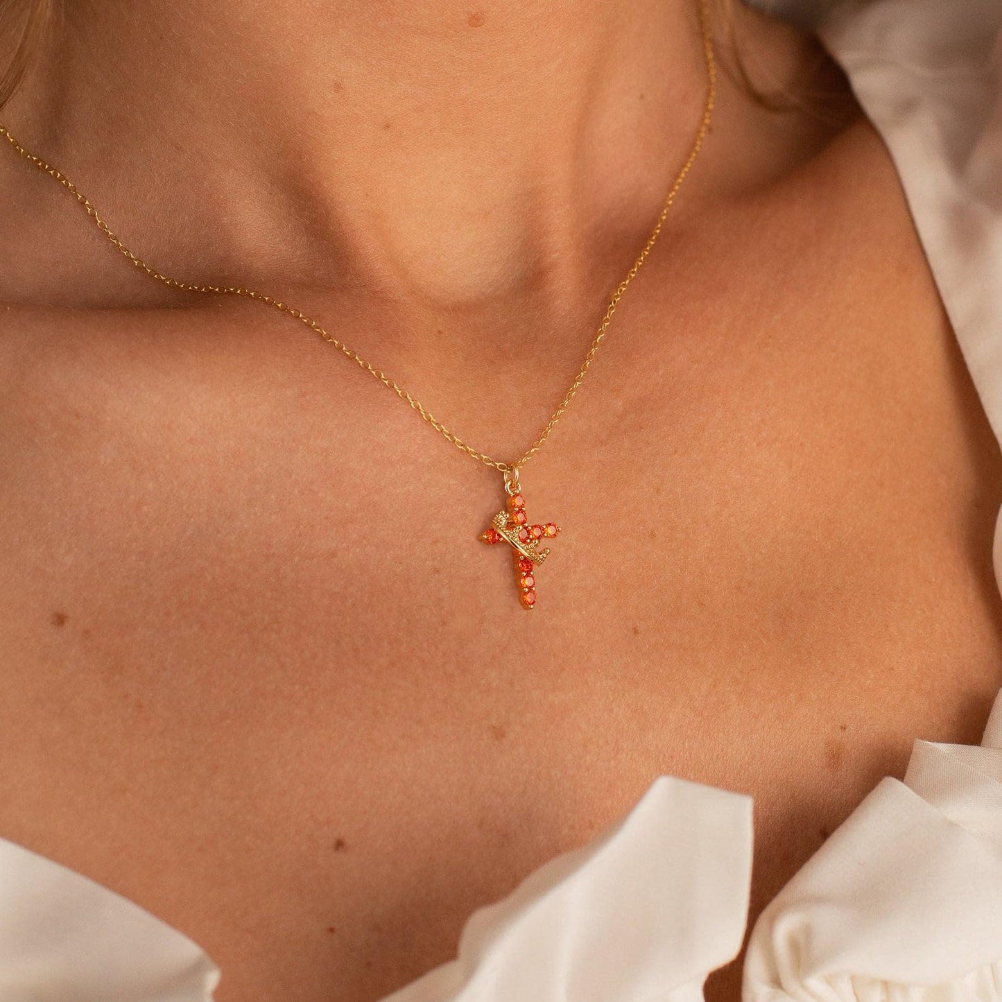 Robaice Birthstone Crown Cross Necklace for Women, Gold-Plated Christian Faith Necklace, Cross Jewelry Gift for Women, July Red Ruby Gift