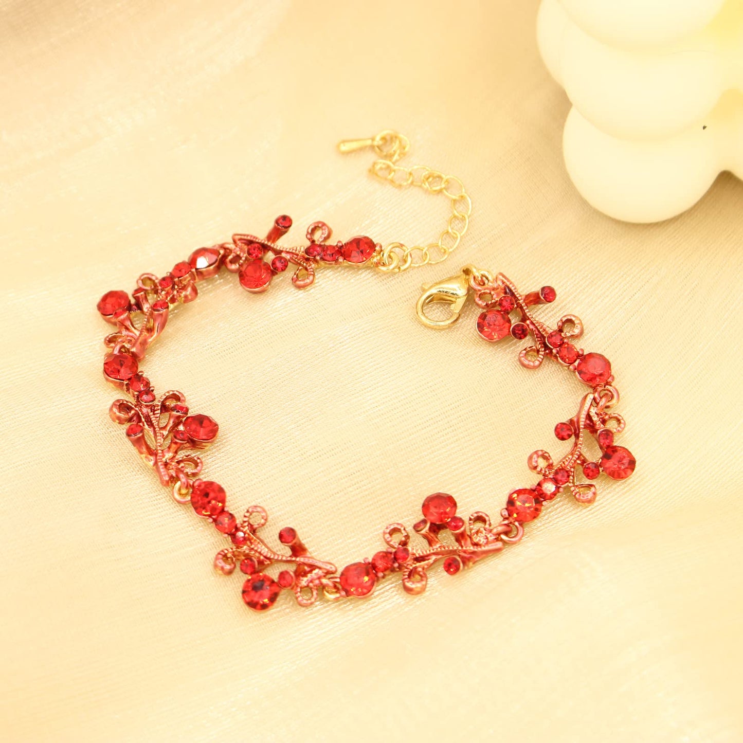 3Pcs Austrian Crystal Jewelry Set for Women, Necklace Dangle Earrings Link Bracelet Jewelry Set with Gold/Platinum/Gun Plated, Wedding Party Jewelry for Bridal Bridesmaid (Red-Gold Plated)