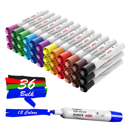 Comix Dry Erase Markers, Chisel Tip Whiteboard Markers, 36 Count 12 Assorted Colors Low Odor Markers for Classroom, Teachers, Office, School Supplies