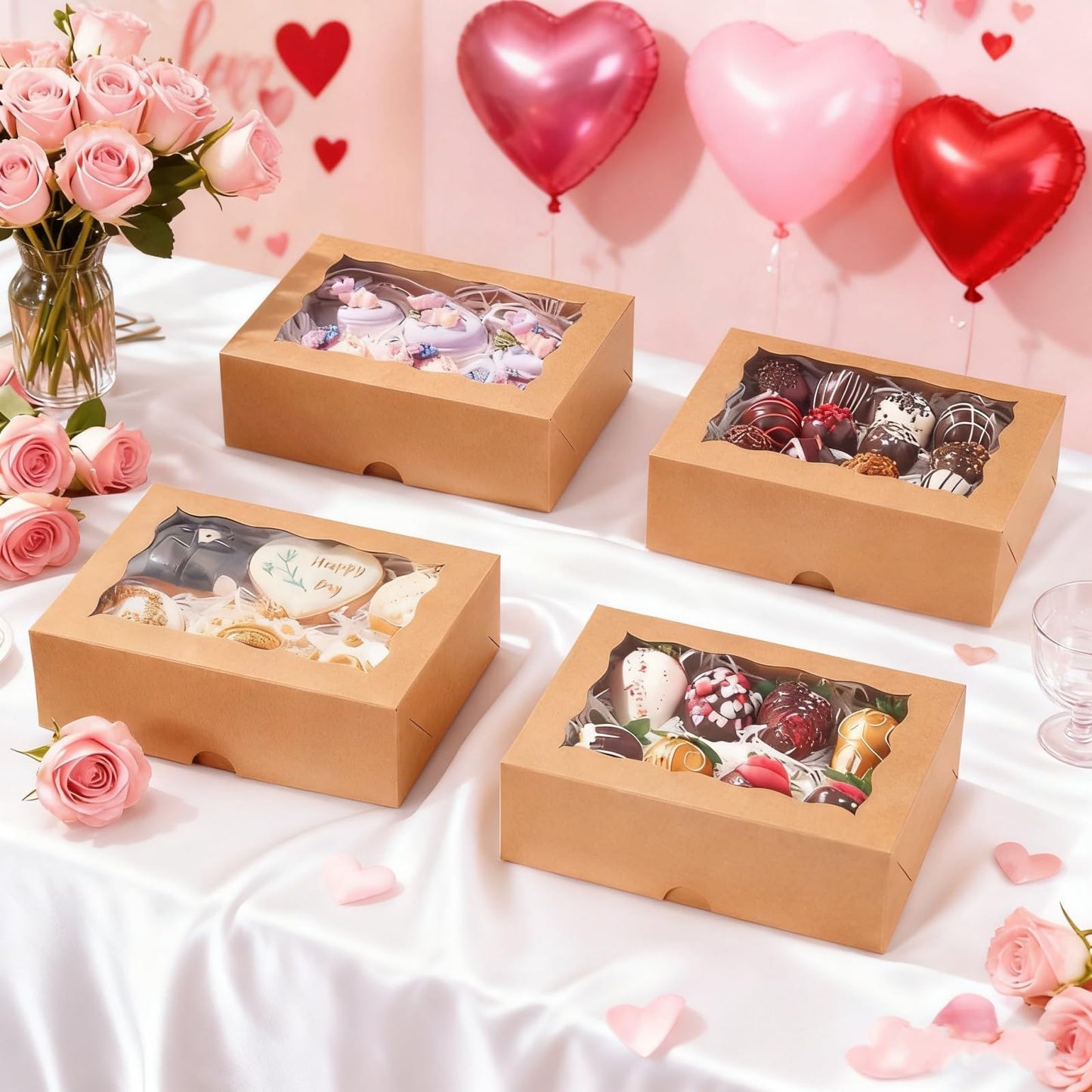 NEKSUNBAK 50 Pcs 8x6x2.5 Inch Brown Cookie Boxes with Window, Pastry Box for Chocolate Strawberries, Macarons, Truffles, Perfect for Thanksgiving Day, Mother's Day, Christmas Party Favors & Holiday