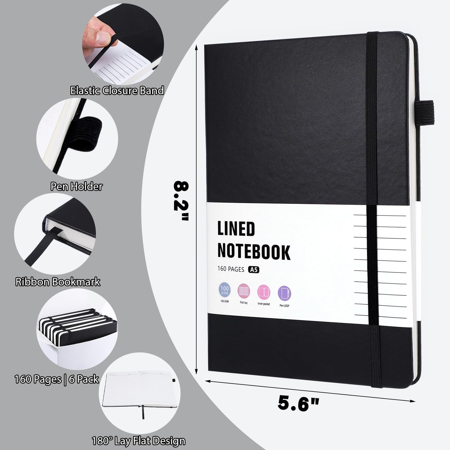Thboxes 6 Pack Hardcover Journaling Notebooks, 5.6" x 8.2" A5 Multicolor Ruled Notebooks with Pen Holder, Lined Journals for Women Man Office Supplies Note-Taking, Work, School，Black