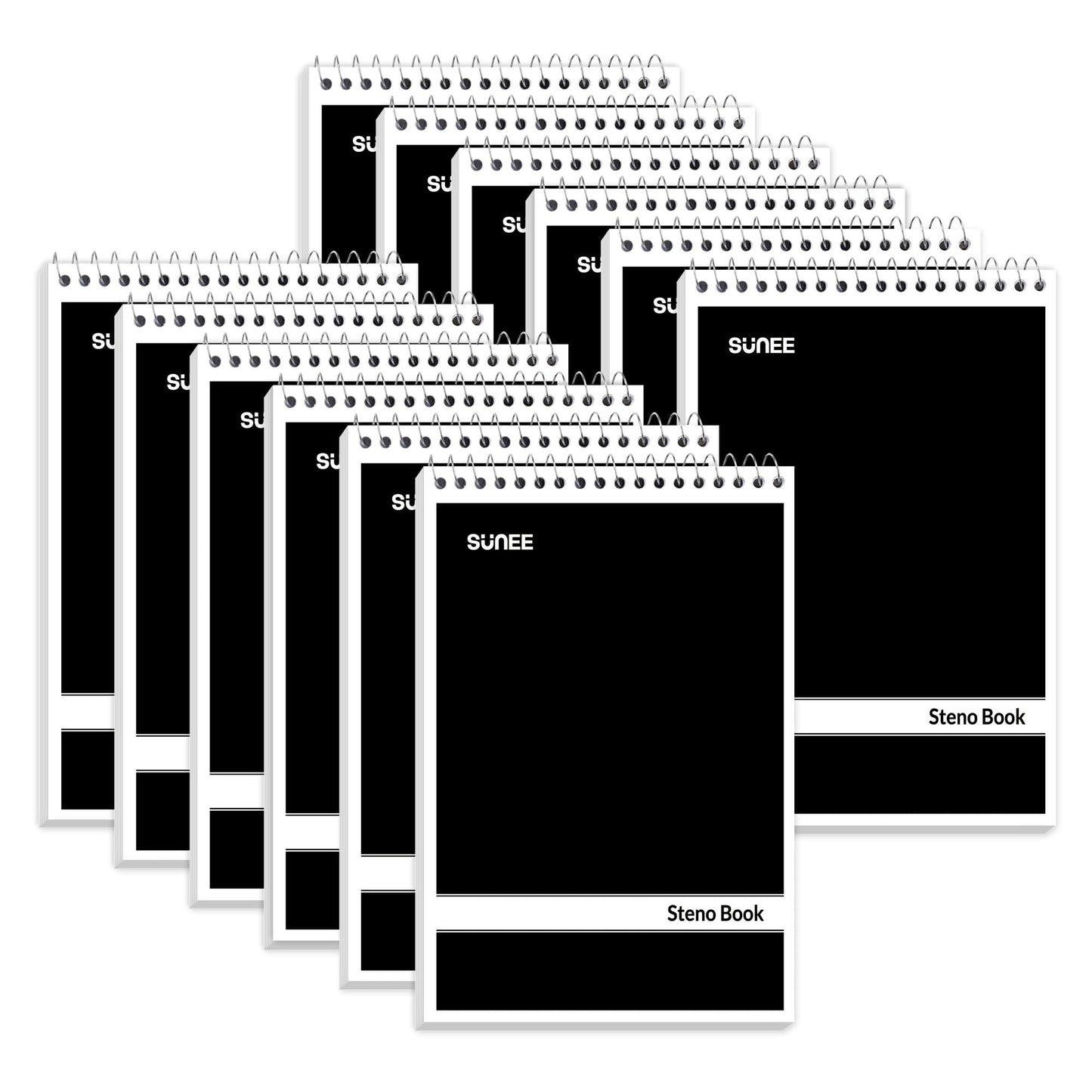 SUNEE 12 Pack Steno Pads 6x9, Gregg Rule, 60 Sheets, Spiral Notebook 6x9, White Paper, Take Notes with Top Spiral Notebook, for School, University, College, Work, Office, Black