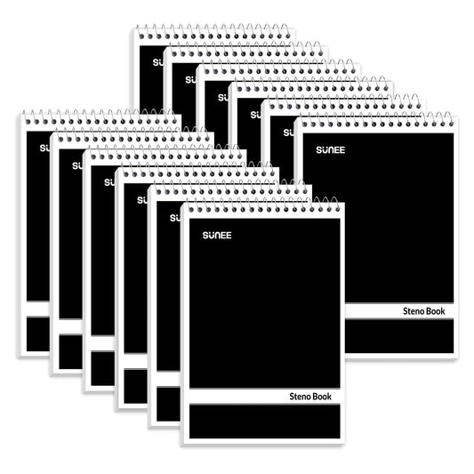 SUNEE 12 Pack Steno Pads 6x9, Gregg Rule, 60 Sheets, Spiral Notebook 6x9, White Paper, Take Notes with Top Spiral Notebook, for School, University, College, Work, Office, Black