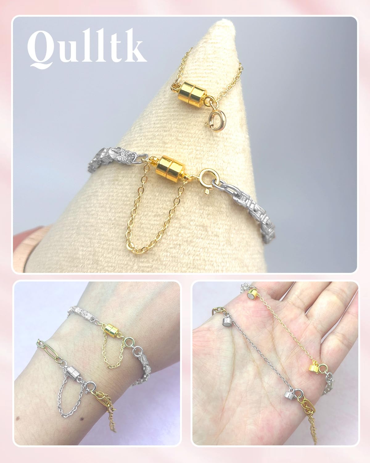 MKCYD 8Pcs Magnetic Bracelet Clasps and Closures with Safety Chain Never Fall Gold Bracelet Extender Converter Magnetic Clasps for Women