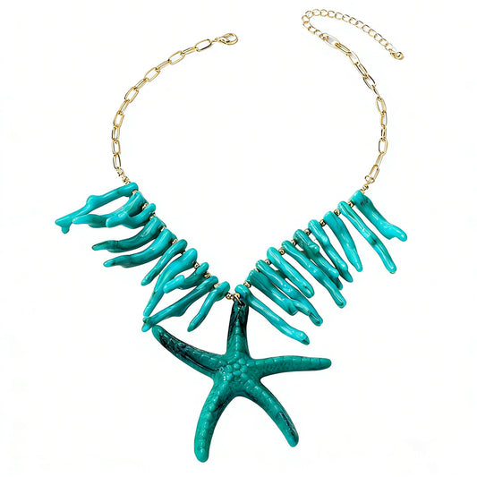 NOVYRA Chunky Gold Big Starfish Pendant Necklace for Women Boho Colorful Stone Chip Beaded Choker Necklaces Green Coral Large Sea Star Statement Pendant Necklaces Fashion Beach Jewelry for Women (B)