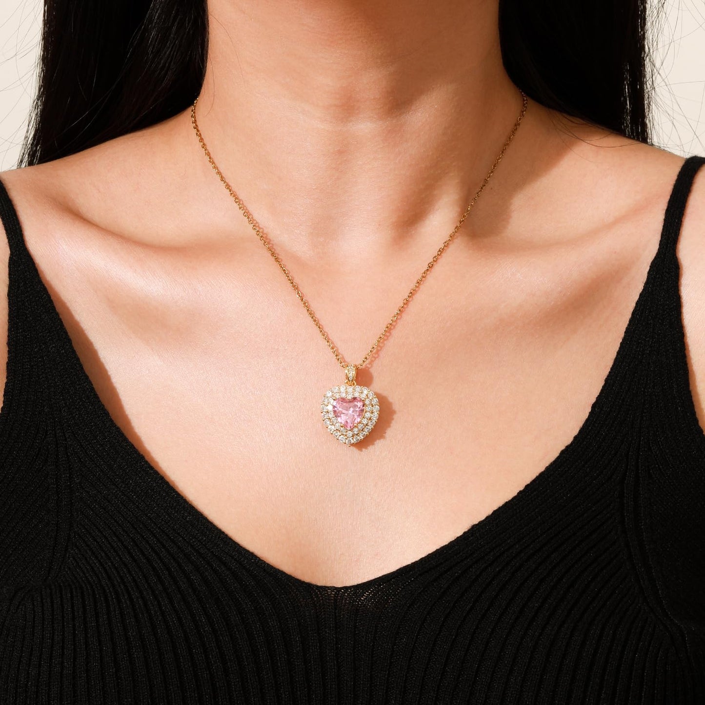 Pink Heart October Birthstone Rose Quartz Necklace for Women-Gold Plated Rose Quartz Jewelry Heart Pendant Necklace Waterproof Non Tarnish Baroque Maximalist Jewelry For Birthday Valentines Day Mother's Day Christmas Thanksgiving Gifts