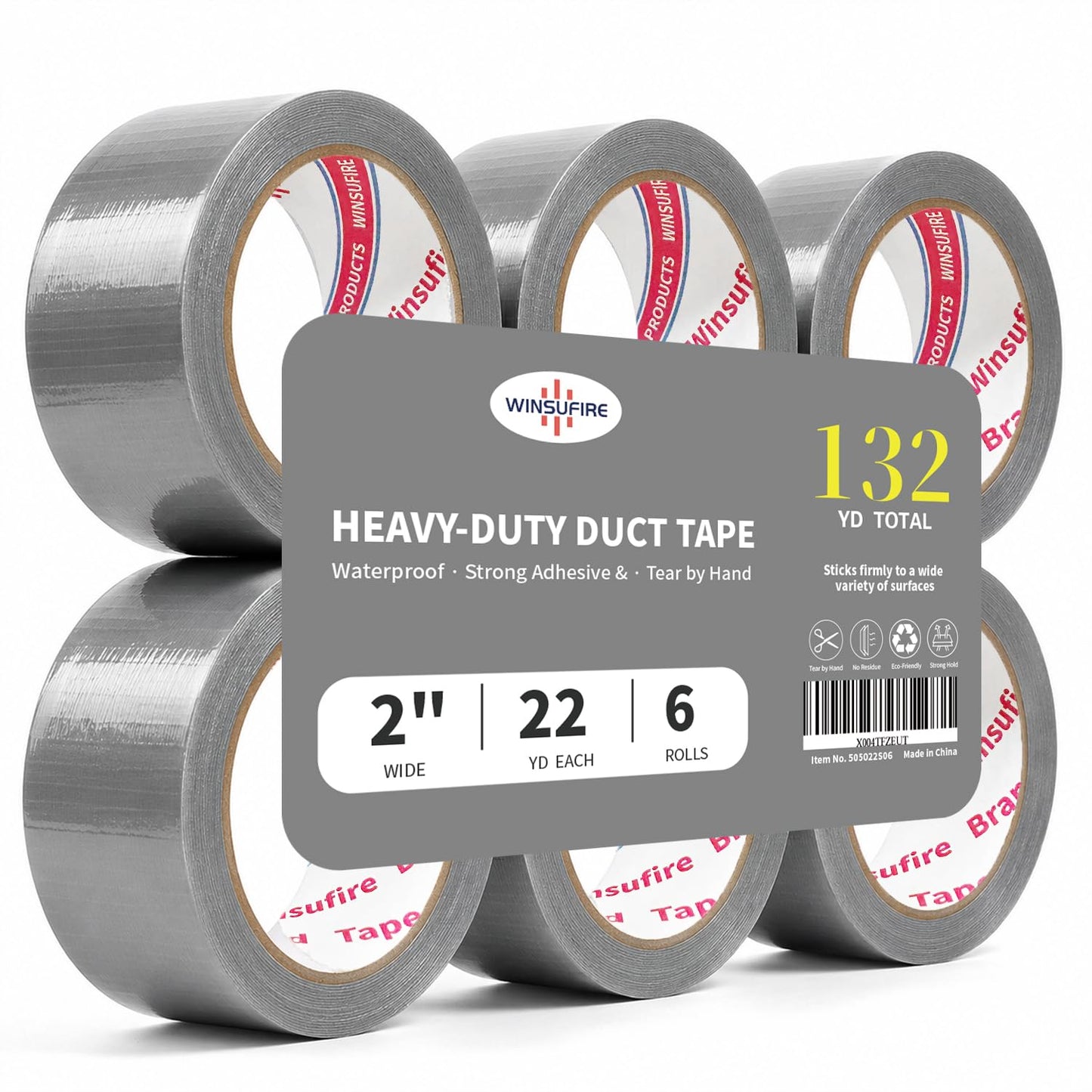 WINSUFIRE Duct Tape Heavy Duty, Heavy Object Packaging, and Home Repairing,Strong Adhesive Duct Tape for Indoor Outdoor Repairs, 2-inch by 22-Yard, 6-Roll,Total 132 Yards (Silver)